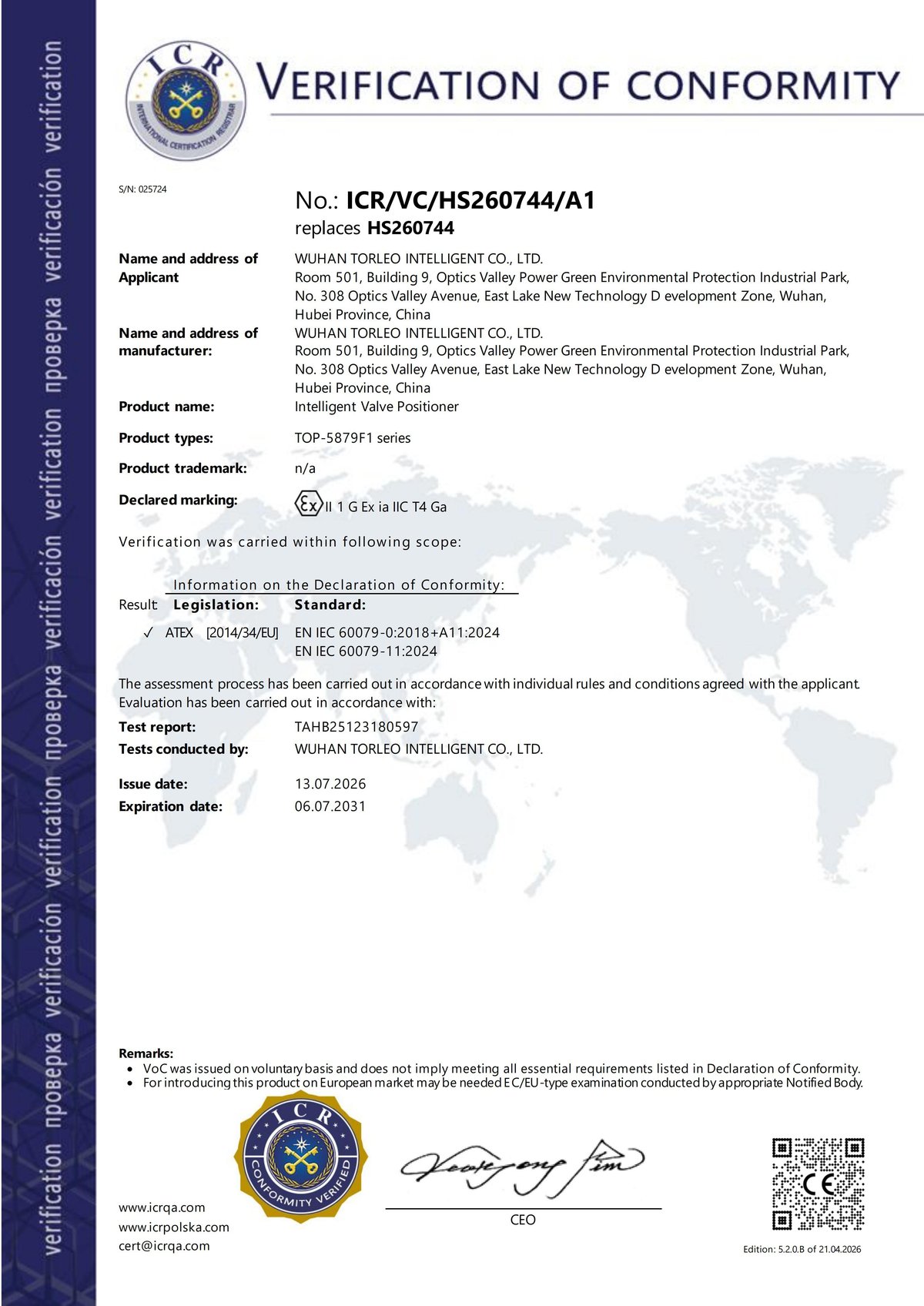 ATEX certificate II 1G Ex ia IIC T4
